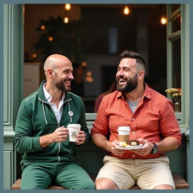 Dos hombres sonriendo mientras disfrutan de café y comida en un ambiente acogedor.