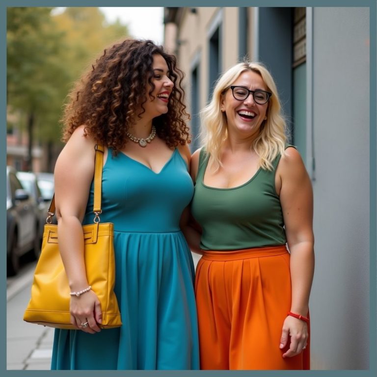 Amigas riéndose juntas en la calle, disfrutando del momento con mindfulness.