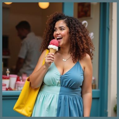Mujer con cabello rizado sosteniendo un helado en una heladería colorida.